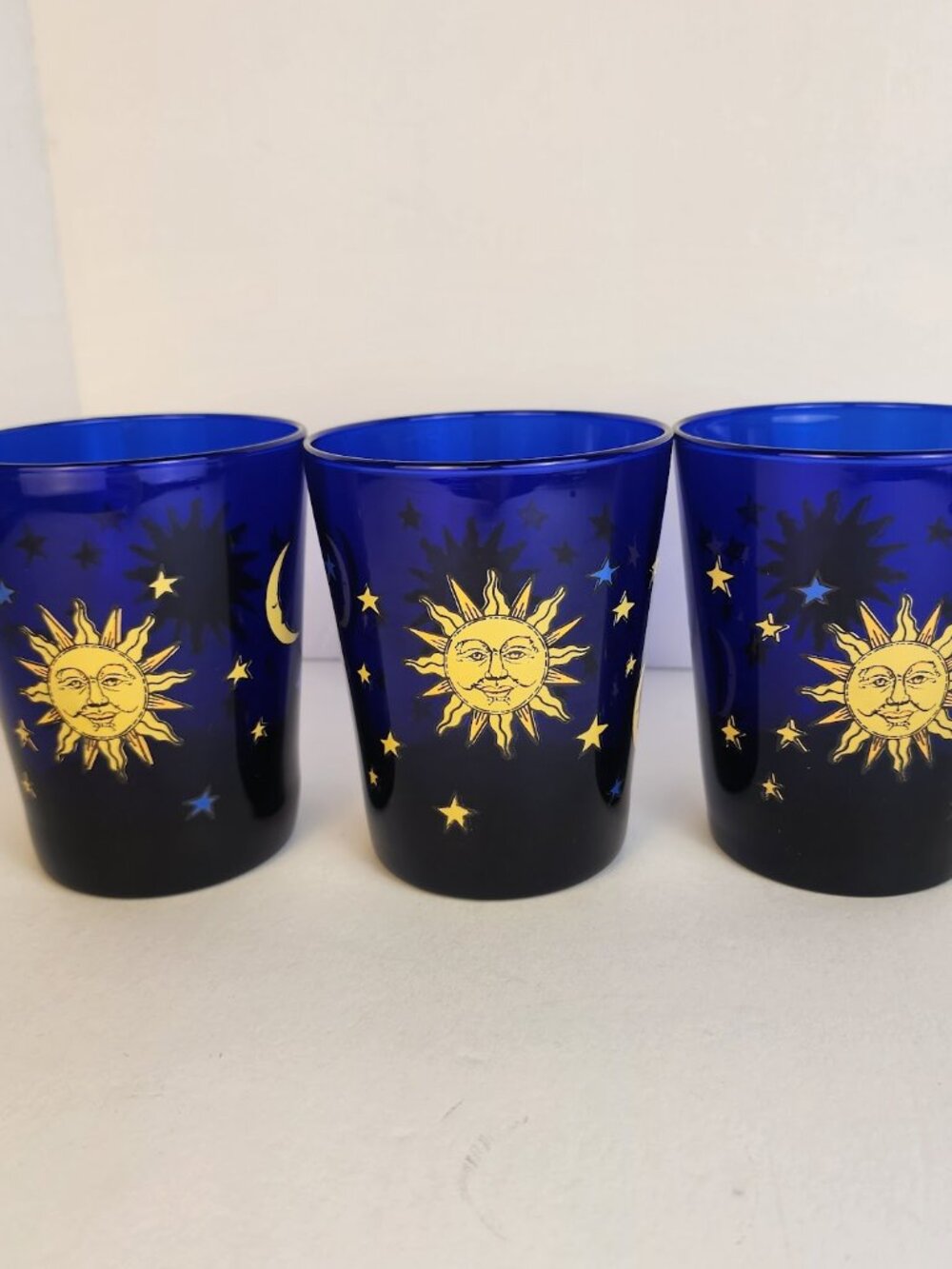 Vintage Libbey Celestial Cobalt Blue Glasses Set of 3 Sun Moon Stars Whimsigoth
